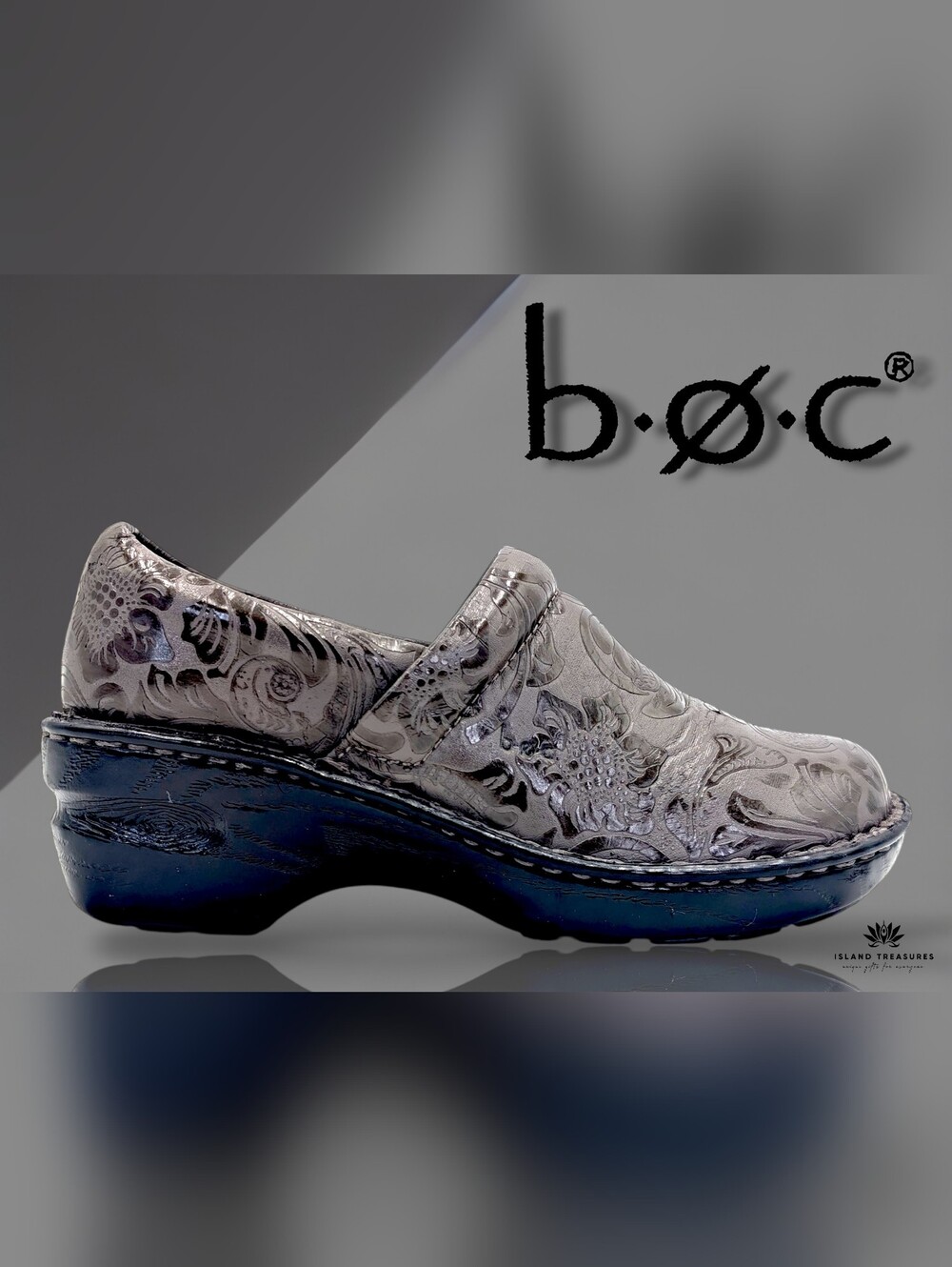 b.o.c. "Norda" Sz 6M Charcoal Grey Floral Embossed Soft Cushion Footbed Clogs